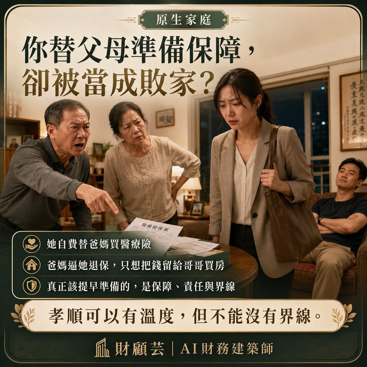 女兒替父母準備醫療保障卻被責備的家庭情境圖卡