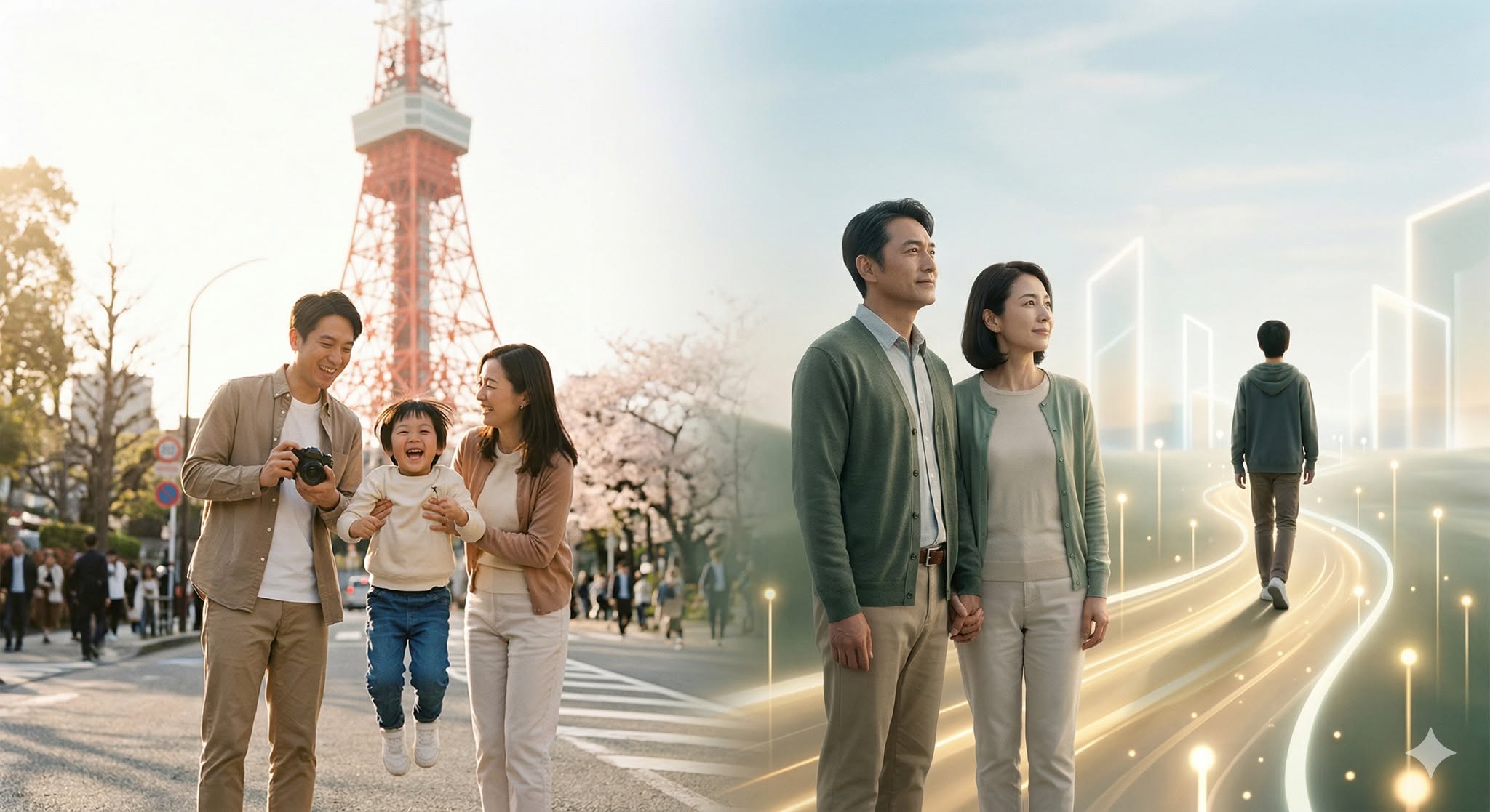 一家人在東京鐵塔前留下旅行回憶，並眺望孩子未來道路的情境示意圖