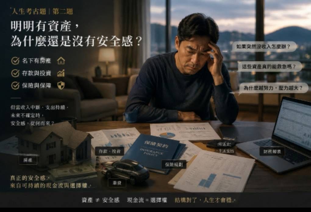 有房產、存款與投資，仍為現金流與收入中斷感到壓力的情境