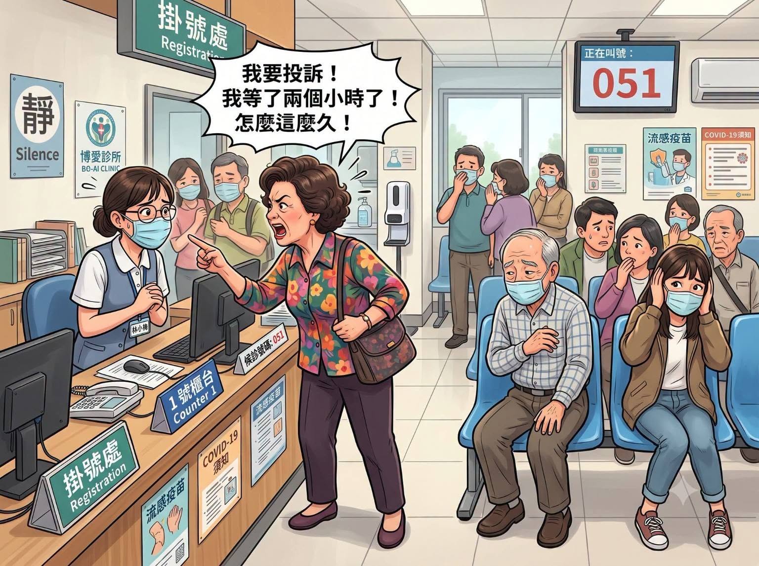 醫院候診區發生溝通衝突的情境插畫