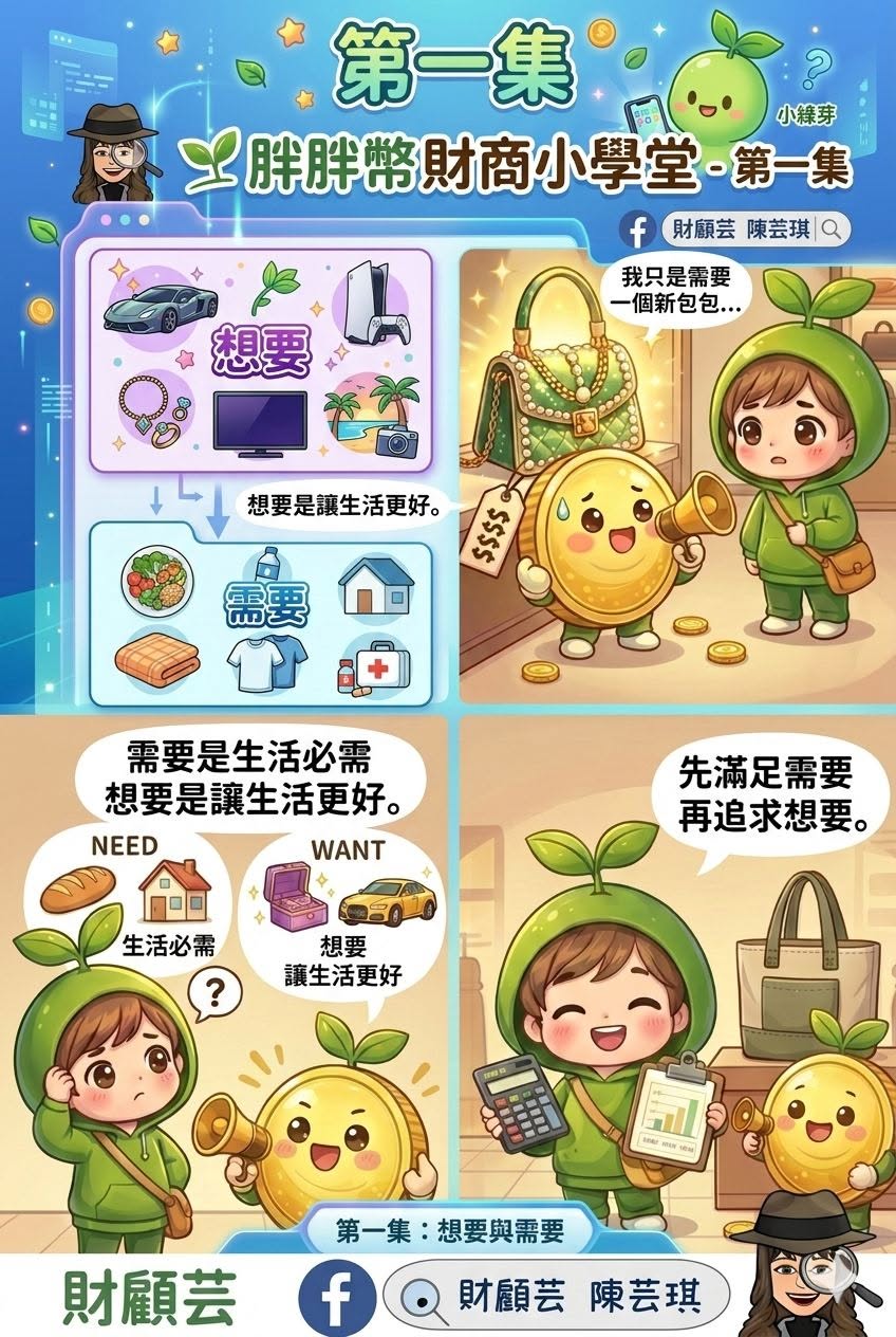 胖胖幣財商小學堂第一集漫畫，說明想要與需要的差別