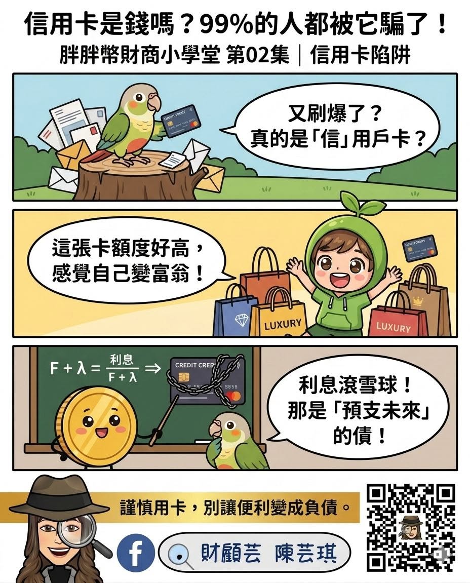 胖胖幣財商小學堂第二集漫畫，說明信用卡額度、最低應繳與利息風險