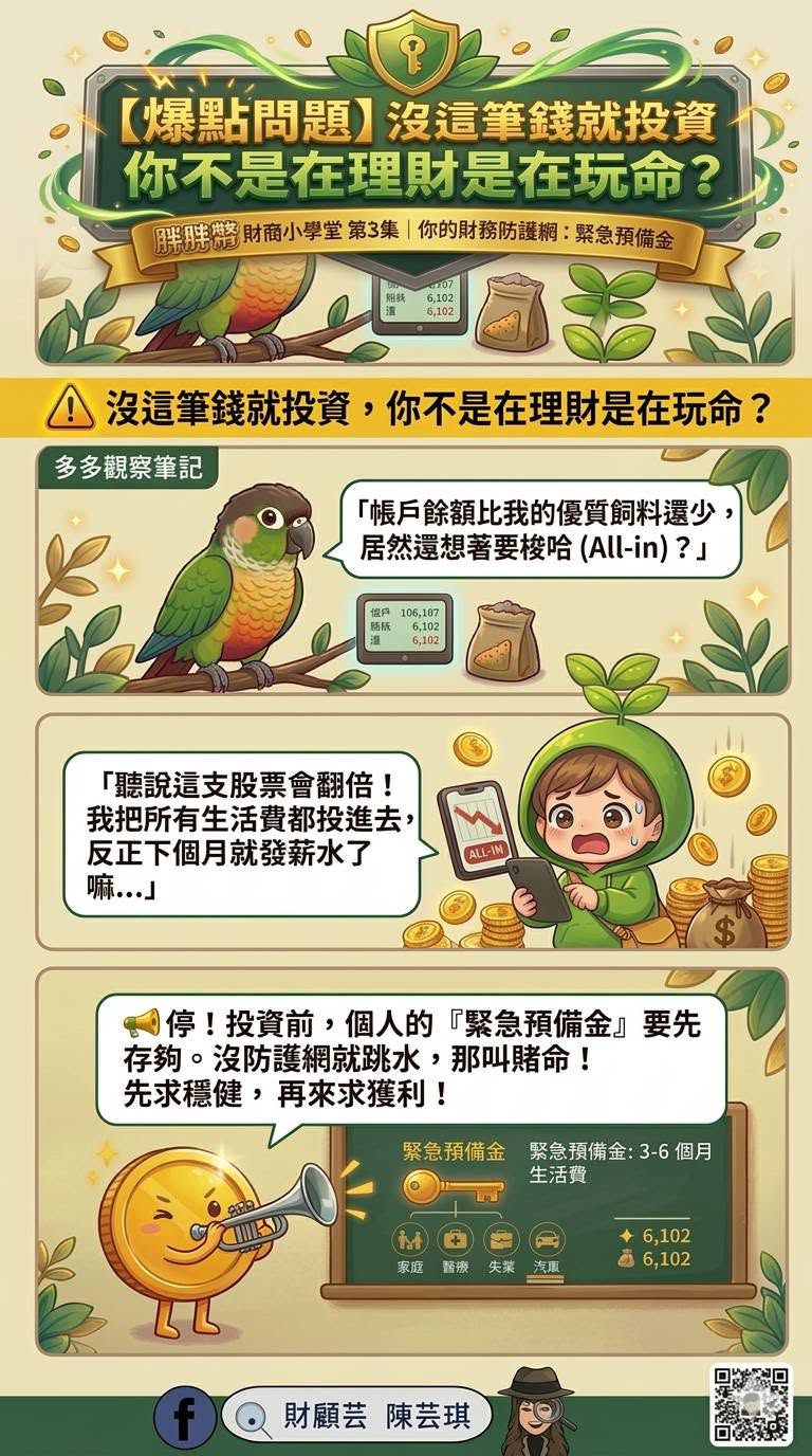 胖胖幣財商小學堂第三集漫畫，提醒投資前先準備3至6個月必要生活費的緊急預備金