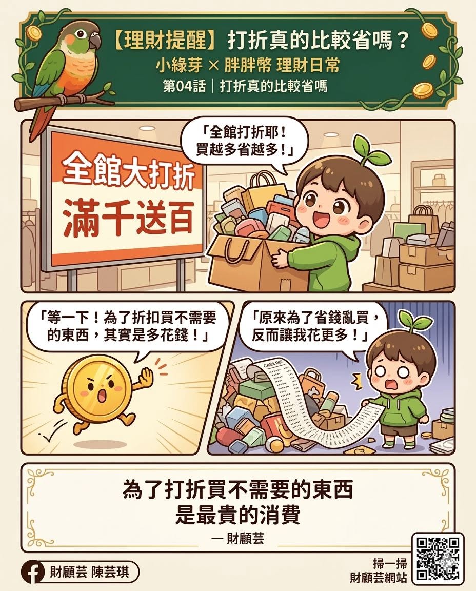 胖胖幣財商小學堂第四集漫畫，提醒不要為了折扣購買不需要的東西