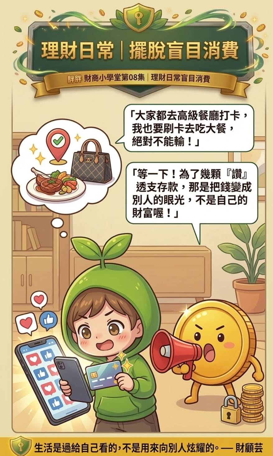 小綠芽為了跟上別人的生活刷卡消費，胖胖幣提醒別讓別人的眼光決定自己的財務