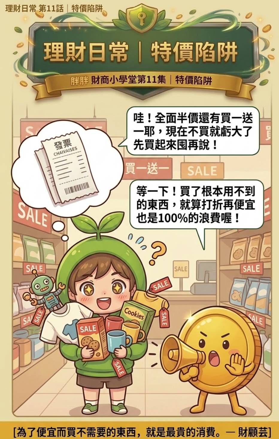 小綠芽被全面半價與買一送一吸引，胖胖幣提醒用不到的商品仍是浪費