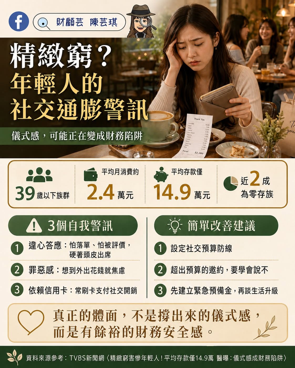 年輕人在聚會後看著帳單與錢包，思考社交消費帶來的財務壓力