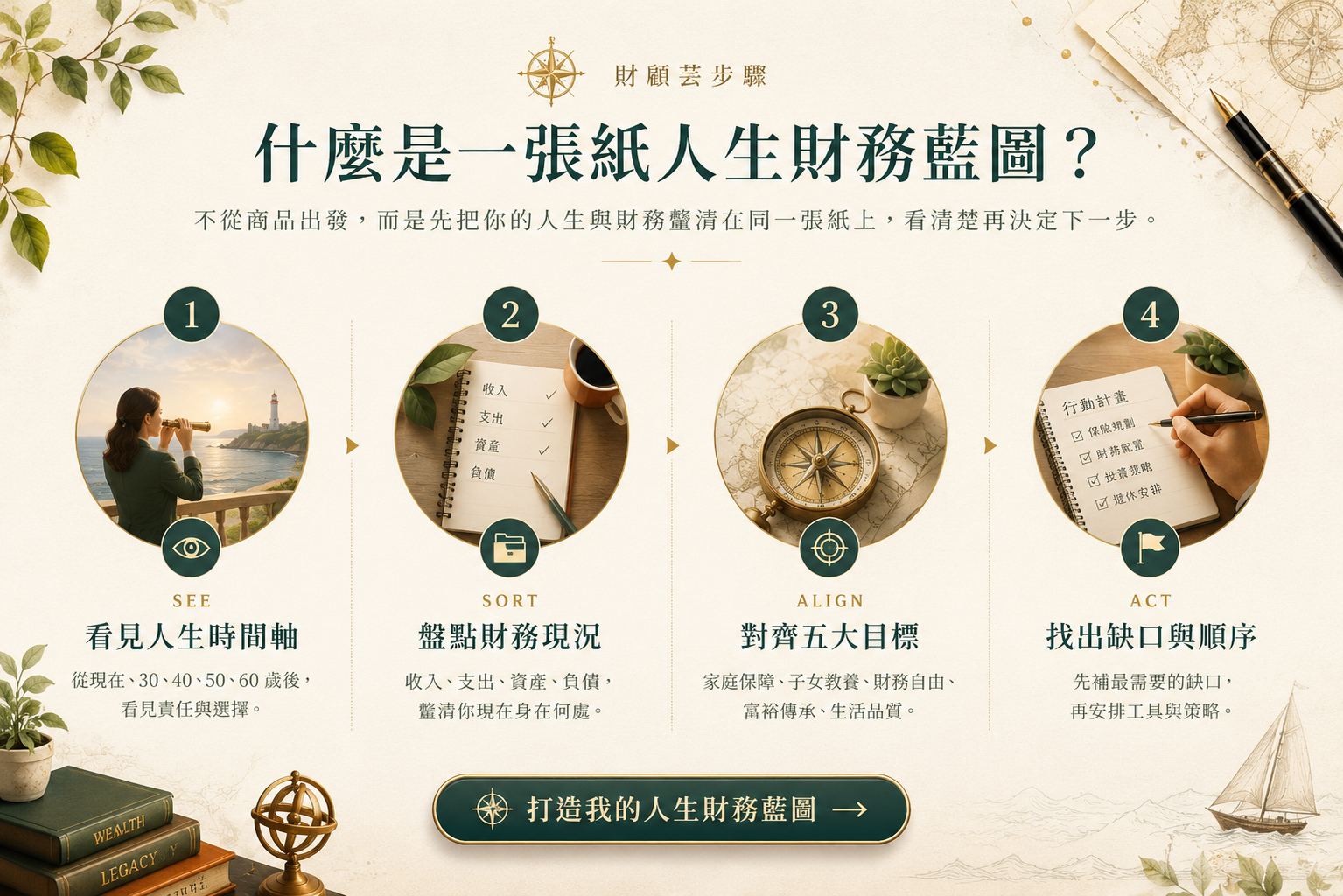 什麼是一張紙人生財務藍圖：財顧芸步驟，包含看見人生時間軸、盤點財務現況、對齊五大目標、找出缺口與順序四個步驟。