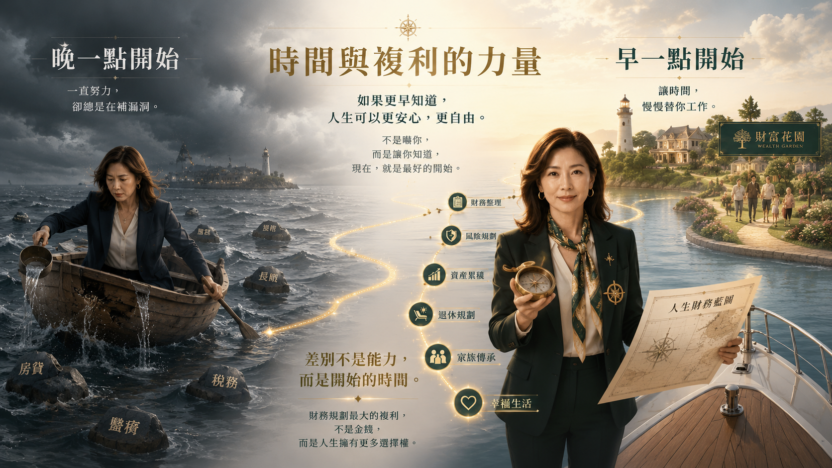如果更早知道這些觀念：對比晚一點開始與早一點開始財務規劃，從20多歲到60歲以後五個階段的差異；時間與複利試算，25歲開始與35歲開始相差約1,308萬元，以及提早規劃帶來的五大好處。
