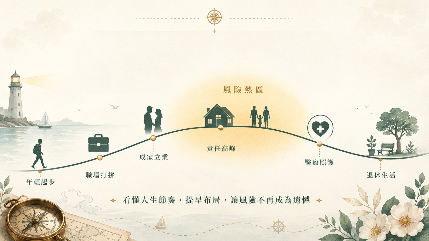 生命週期風險曲線：從年輕起步、職場打拼、成家立業、責任高峰、醫療照護到退休生活的財富與風險變化