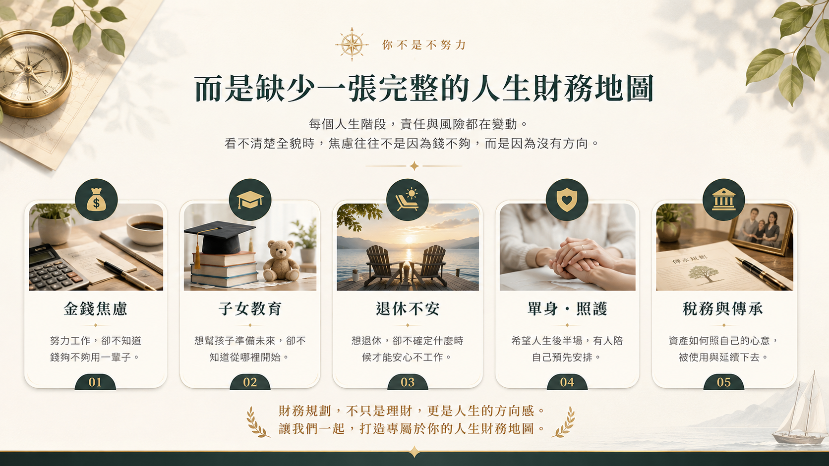 你不是不努力，而是缺少一張完整的人生財務地圖：金錢焦慮、子女教育、退休不安、單身照護、稅務與傳承五個人生財務痛點。