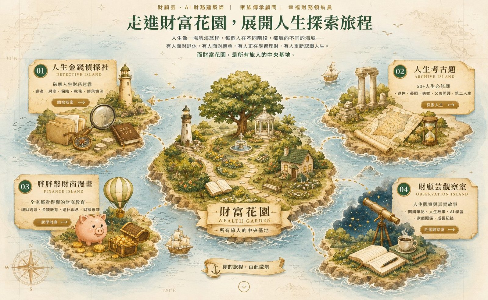 財富花園航海地圖：中央財富花園島，四周環繞人生金錢偵探社、人生考古題、胖胖幣財商漫畫、財顧芸觀察室四座島嶼，並以航線相連。